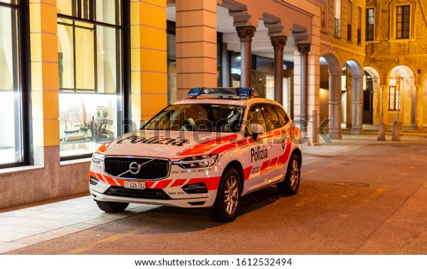 Lugano - Switzerland - December 30 2019 -\
Swiss Police car parked in the city\
center