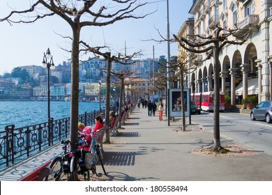 LUGANO, SWITZERLAND - MAR 8, 2014: Downtown in Lugano, Switzerland. Lugano is the largest city of Ticino canton.