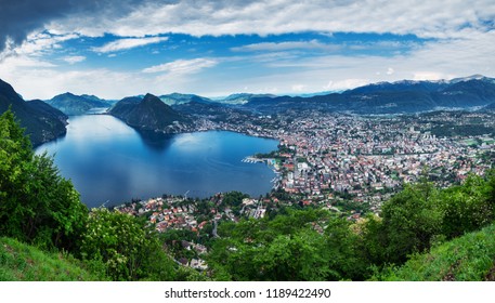 Lugano, Switzerland, May 12, 2018. Beautiful Panoramic View Of  Lugano City From Monte Brè Mountain.