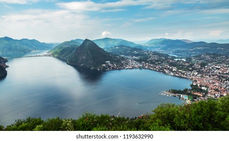 Lugano, Switzerland, May 12, 2018. Beautiful Panoramic View Of  Lugano City From Monte Brè Mountain.