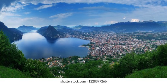 Lugano, Switzerland, May 12, 2018. Beautiful Panoramic View Of  Lugano City From Monte Brè Mountain.