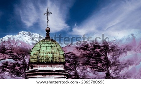 LuganoCathedral-Dome with green color dome and Cross on top. Background of Swiss ALPS. very scenic combination of Religeous-Cathedral-Church and natural ALPS snow mountain and Blue sky with clouds.