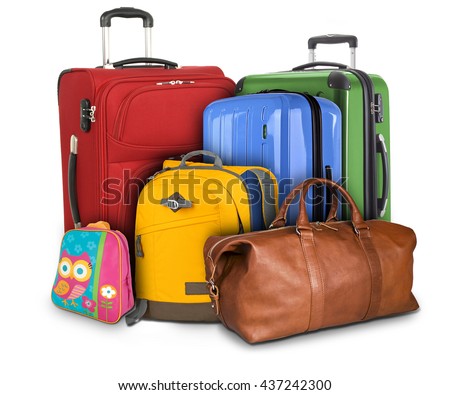 Luggage consisting of large suitcases, rucksack and travel bag isolated on white background