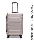 Luggage Grey suitcase isolated on white background with shadow reflection. Trolley wheeled travel weekend bags. Small roller case  with 4 rotating wheels. — Photography