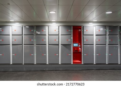 The Luggage Storage Facility At The Train Station In Switzerland For The Bag In A Locker.