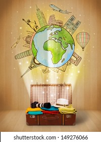 Luggage with travel around the world illustration concept on grungy background