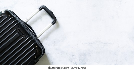 Luggage,suitcase And Empty Concrete Background,Black Luggage Set On Dark Background, Top View Image, Flat Lay Composition. Travel Minimalist Concept, Black And Dark Classic Baggage Mockup,