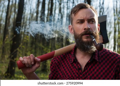 Lumber Jack Men In Forest Axe Hipster 