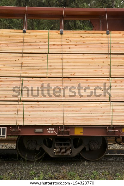 Lumber loaded on railcar for delivery\
railroad train\
transportation