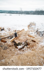 Lumber Pine With Axe For Cold Canadian Winter