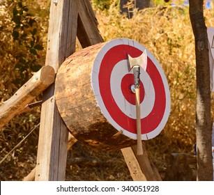 Lumberjack Axe Throwing Competition With Axe Stuck In Target