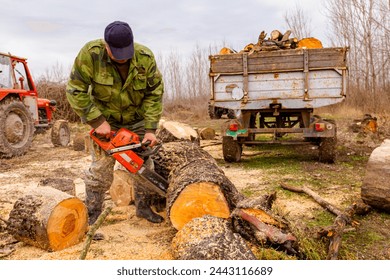 Lumberjack is chopping, split large tree trunks, using professional chainsaw slicing freshly cut stump of trees on the forest ground, lumber texture, wooden, hardwood, firewood.