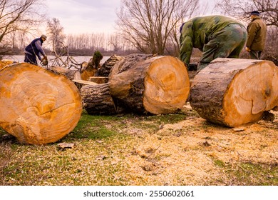 Lumberjack is chopping, split large tree trunks, using professional chainsaw slicing freshly cut stump of trees on the forest ground at river bank, lumber texture, wooden, hardwood, firewood.