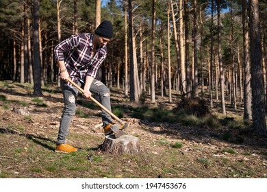 Lumberjack man chopping wood with ax in forest - Powered by Shutterstock