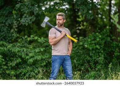 Lumberjack on outdoor camping. Brutal lumberjack. Brutality and masculinity. Hispanic lumberjack man with axe. Lumberjack axe. Man with logging axe. Masculine brutal man. Deep in forest
