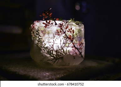 luminary, ice candle holder with twigs, red berries, cedar. outdoor holiday, seasonal decoration. brightly lit molded ice chunk, dark background, cold winter night.  horizontal with room for copy.  - Powered by Shutterstock