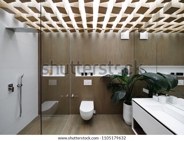 Luminous Modern Bathroom Design Ceiling Wooden Stockfoto