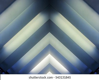 Luminous Striped Structure. Close-up Photo Of Pitched Ceiling With Lighting Fixtures / Light Boxes. Abstract Modern Architecture Background. Interior Fragment In Hi-tech / Minimalism Style.