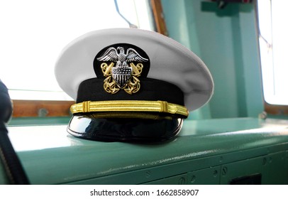 Lumut,Perak, Malaysia - September 19,2017 : United State Navy (USN) Office's Hat On Naval Ship's Command Bridge At Malaysian Royal Navy Base In Lumut, Perak