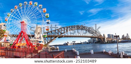  Luna park wheel with harbour bridge arch at sunset in Sydney, Australia.