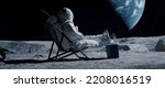 Lunar astronaut chilling on a beach chair with refrigerator bag on Moon surface, enjoying view of Earth