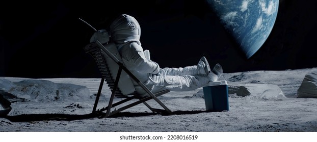 Lunar astronaut chilling on a beach chair with refrigerator bag on Moon surface, enjoying view of Earth - Powered by Shutterstock