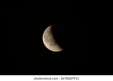 Lunar eclipse beginning close-up right corner sun begins to come on top of moon lunar eclipse black background at night