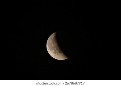 Lunar eclipse beginning close-up right corner sun begins to come on top of moon lunar eclipse black background at night