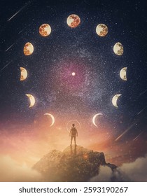 Lunar eclipse and moon phases circle on the night sky and a curious person watching the mysterious phenomena. Astrological signs annual calendar, conceptual scene