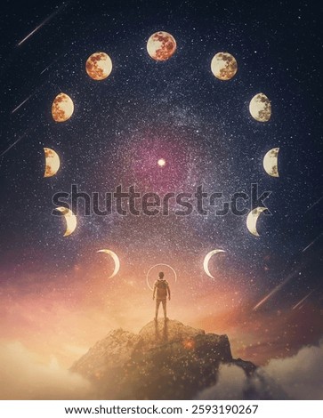 Lunar eclipse and moon phases circle on the night sky and a curious person watching the mysterious phenomena. Astrological signs annual calendar, conceptual scene