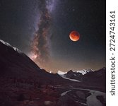 Lunar eclipse in the mountains against the backdrop of the Milky Way.