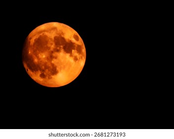 Lunar eclipse, orange moon close-up on a black background. Full moon in September. 