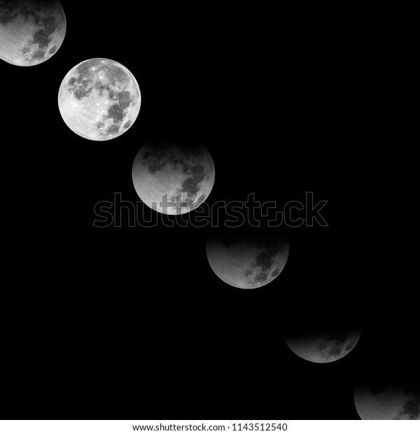Lunar eclipse\
phases on black sky\
background
