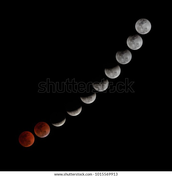 Lunar eclipse or red shadow of earth on\
moon, on January 31, 2018 at Thailand. Taking photos the moon\
between 20:30-22:20.