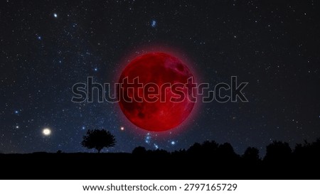 Lunar eclipse, stars and planets above landscape silhouettes.