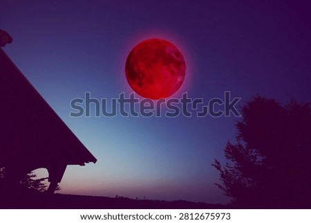 Lunar eclipse, stars and planets above landscape silhouettes.