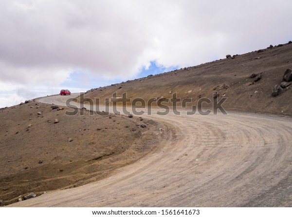 Lunar landscape with winding dirt road in\
Chimborazo National Park,\
Ecuador