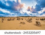 Lunar lanscape of the Pinnacles Desert at Nambung National Park, Western Australia at sunset.