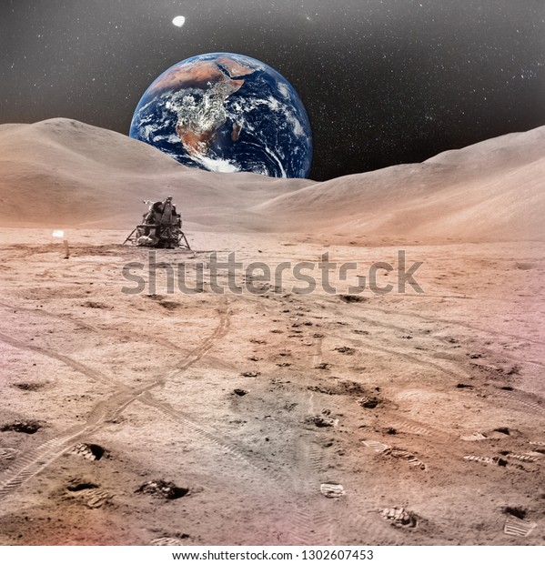Lunar Module\
photographed against lunarscape, lunar surface extravehicular, with\
human footprints and planet Earth in the sky. Elements of this\
image furnished by NASA.