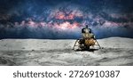 The lunar module stands on the lunar surface. The spacecraft has landed on the moon. Space exploration. Stars and galaxies. Elements of this image furnished by NASA. Photo collage. Not AI
