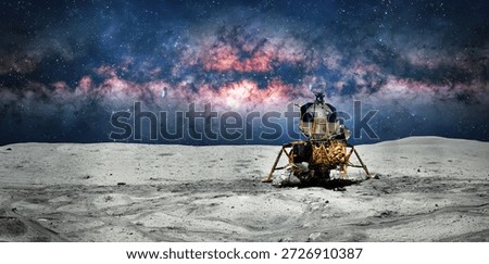 The lunar module stands on the lunar surface. The spacecraft has landed on the moon. Space exploration. Stars and galaxies. Elements of this image furnished by NASA. Photo collage. Not AI