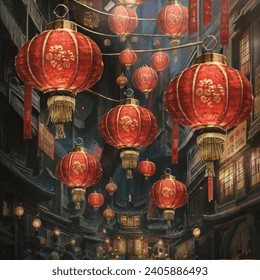 Lunar New Year Celebration Vibrant red lanterns hanging in a Chinese temple courtyard to celebrate Lunar New Year - Powered by Shutterstock