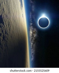 Lunar And Solar Eclipse Partial Earth View With Presence In Space With Satellite Shadow