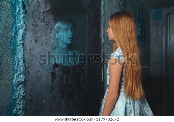 Lunatic Young Girl Looking Mirror Seeing Stock Photo Edit Now