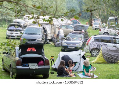 Lunca Bradului, Roamania - 17 August2019 - Tourists Camping At Ilva River