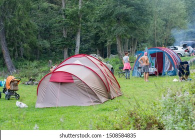 Lunca Bradului, Roamania - 17 August2019 - Tourists Camping At Ilva River