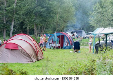 Lunca Bradului, Roamania - 17 August2019 - Tourists Camping At Ilva River