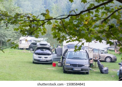 Lunca Bradului, Roamania - 17 August2019 - Tourists Camping At Ilva River