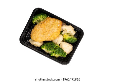 Lunch Box With Broccoli, Cauliflower And Chicken Cutlet. Food Delivery. Top View. Isolated. Plastic Container Take Away With Cooked Broccoli, Cauliflower And Chicken Cutlet