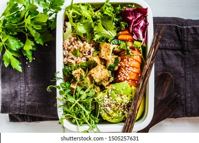 Lunch Box With Healthy Vegan Food. Bento Box With Rice, Tofu And Vegetables.